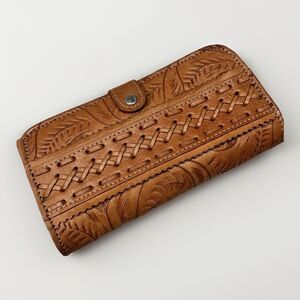 Vintage American West Tooled Leather Wallet Brown Western Long Bifold